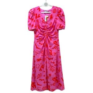 NWT RHODE Maci Midi Dress Bright Pink Orange Botanical Print Size 2/XS